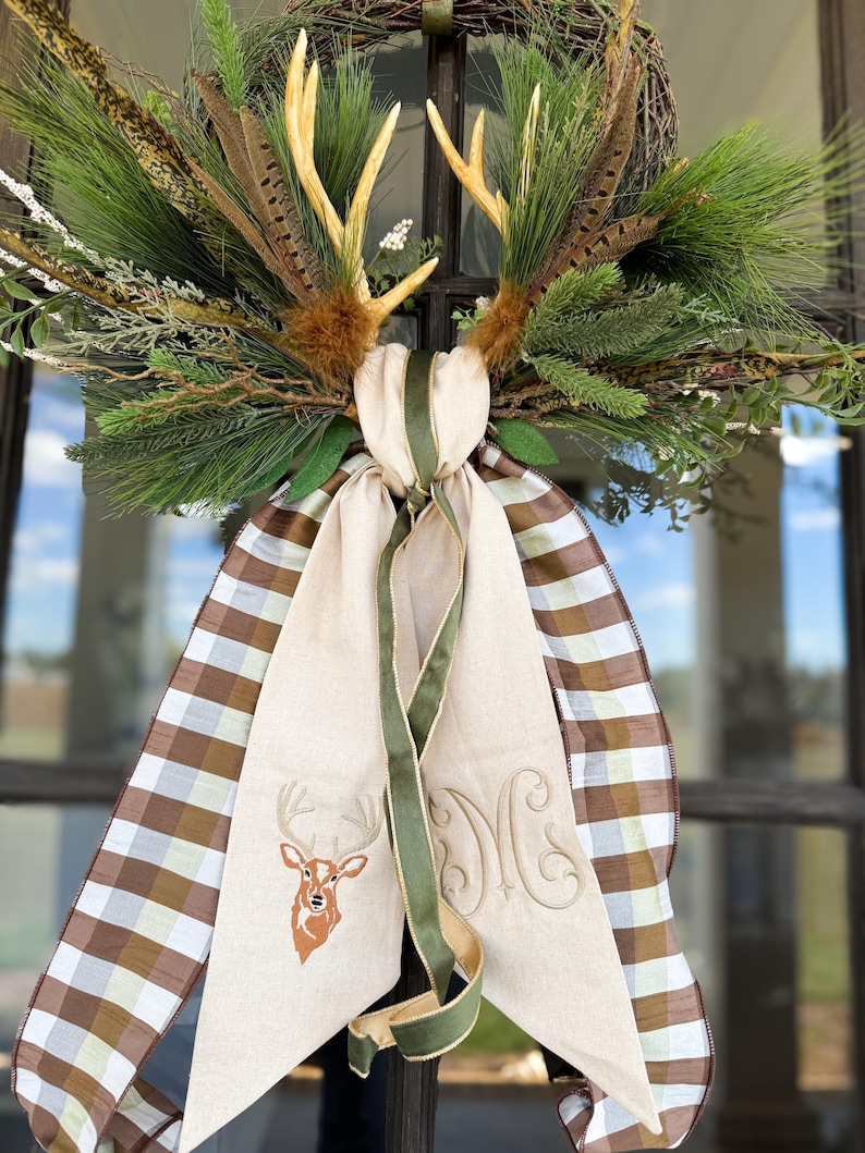 Embroidered Deer Wreath Sash , Front Door Decor Whitetail Buck Deer, Velvet Ribbon, Fall