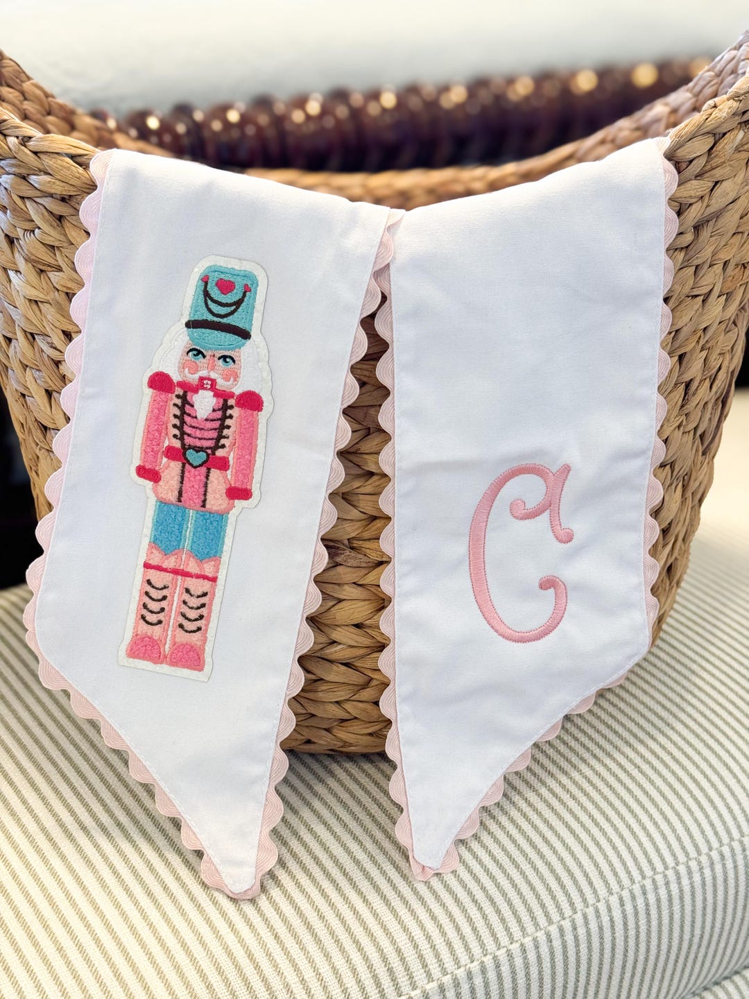 Christmas Nutcracker Wreath Sash With Monogram Embroidery , Pink Ric ...