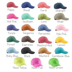 May include: A collection of baseball caps in various colors, including Poppy, Royal, Coral, and Midnight. Each cap has a curved brim and adjustable strap. The image displays a range of hues, from vibrant pinks and greens to neutral tones.
