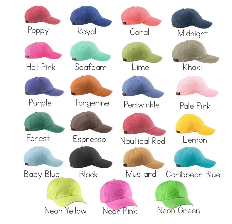 May include: A collection of baseball caps in various colors, including Poppy, Royal, Coral, and Midnight. Each cap has a curved brim and adjustable strap. The image displays a range of hues, from vibrant pinks and greens to neutral tones.