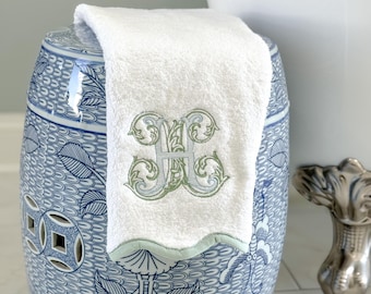 Hand Towel With Piping Scallop Trim and Monogram  -  Bathroom Personalized Home Decor