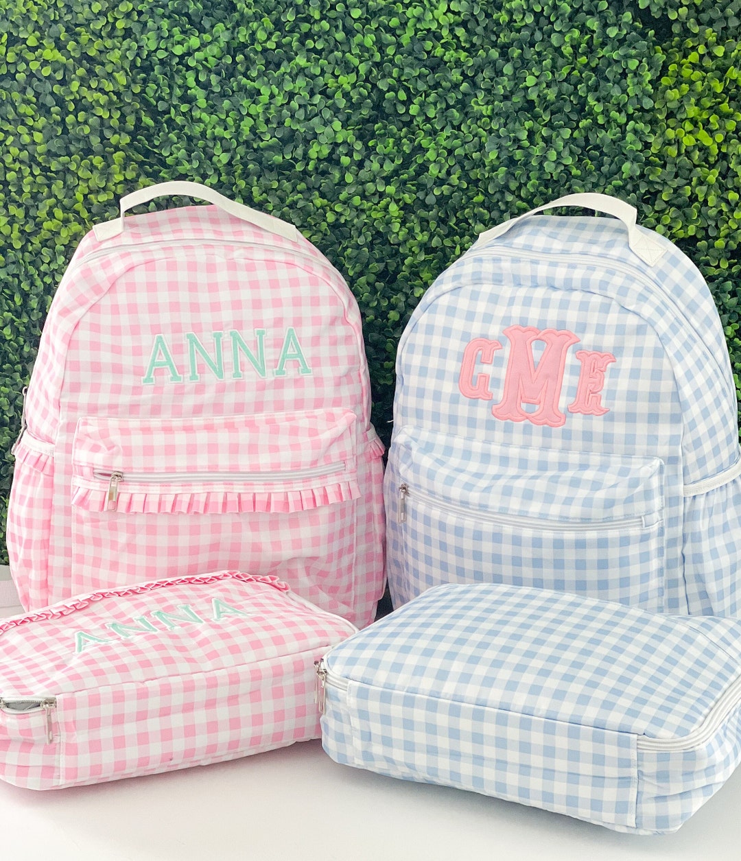 Gingham Backpack Lunchbox Set With Monogram - Pink Ruffle
