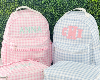 Gingham Backpack Lunchbox Set with Monogram - Pink Ruffle - Blue Gingham  Bookbag - Back to School Set Personalized