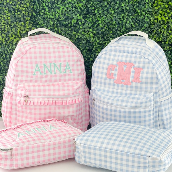 Gingham Backpack Lunchbox Set with Monogram - Pink Ruffle - Blue Gingham  Bookbag - Back to School Set Personalized