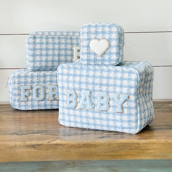 Blue Houndstooth Tweed Plaid Bags with Letter Patches - Customize Travel Pouches