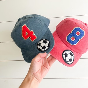 Custom Soccer Chenille Varsity Letter or Number Patch Hat  - Pigment Dyed Team Color Hat - Sports Number Cap