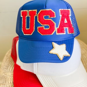 USA Glitter Patch Trucker Hat - 4th of July or Memorial Day Patriotic Hat - Red White and Blue Foam Trucker Hat Unisex Adult Size