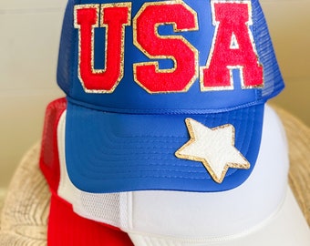 USA Glitter Patch Trucker Hat - 4th of July or Memorial Day Patriotic Hat - Red White and Blue Foam Trucker Hat Unisex Adult Size