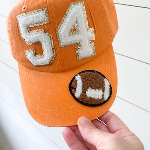 Custom Chenille Football Varsity Letter or Number Patch Hat  - Pigment Dyed Team Color Hat - Sports Number Cap Game Day