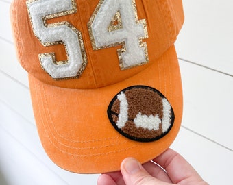 Custom Chenille Football Varsity Letter or Number Patch Hat  - Pigment Dyed Team Color Hat - Sports Number Cap Game Day