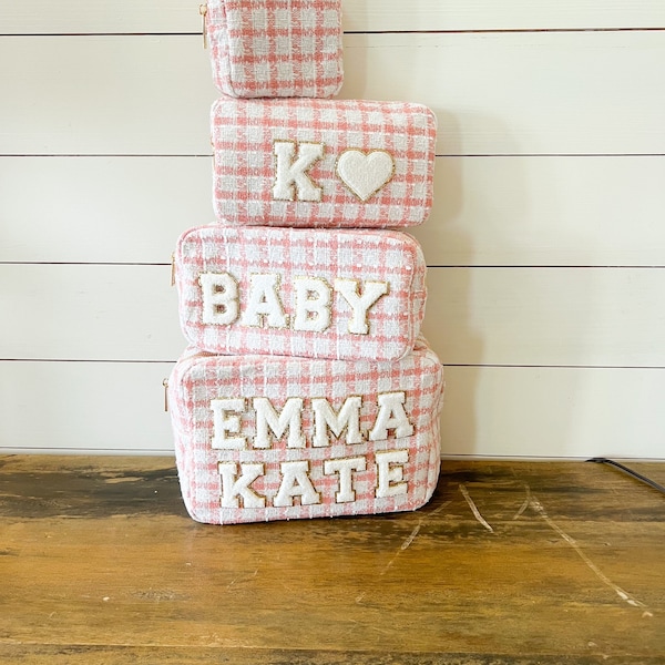 Pink Tweed Plaid Bag with Custom Letter Patches - Mama Baby Diaper Bags Set - Travel Pouches