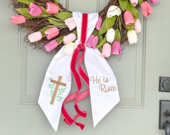 Embroidered Easter Wreath Sash: Cross & 'He is Risen' Design