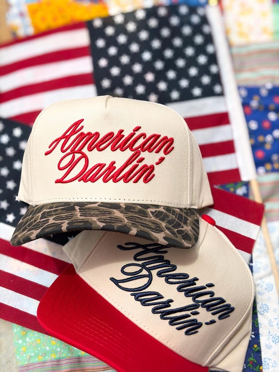 American Darlin’ Trucker Hat - Patriotic Red White & Blue Hat - Embroidered Summer Cap -  Leopard Print  Americana Style