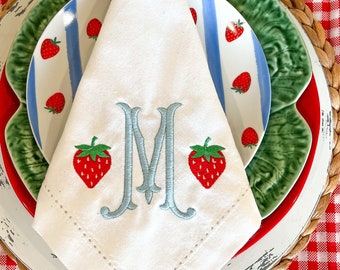 Hemstitch Linen Dinner Napkin Set With Strawberry Monogram  - Table Decor - Personalized Home Decor