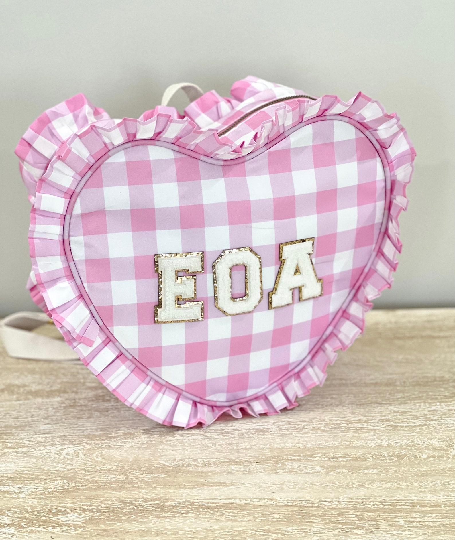 Pink Ruffle Heart Backpack With Chenille Varsity Letter Etsy