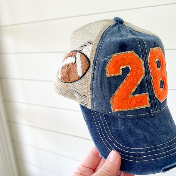 Football Gameday Hat with Varsity Letter or Number Patches  -  Custom Team Colors Game Day Ball Cap