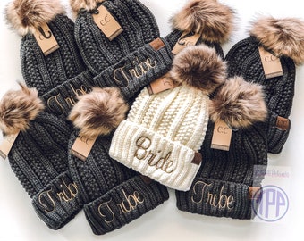 Monogrammed Fur Pom Beanie: Bride Tribe Knit Hat