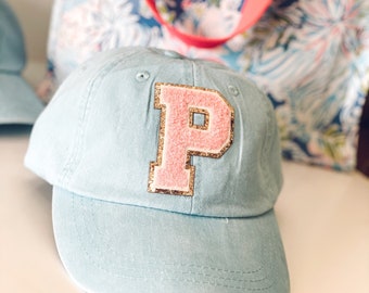 Varsity Letter Patch Hat  - Personalized Women's Ball Cap - Pigment Dyed