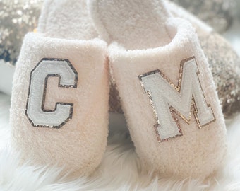 Custom Fuzzy Slippers Personalized with Patches - Bridesmaid Gift