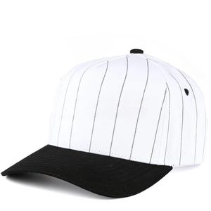 May include: White baseball cap with black pinstripes and a black brim. The cap has a rounded crown and a small black button on top. A classic style for sports or casual wear.