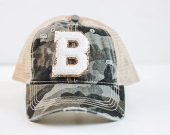 Monogram Camo Hat with Chenille Patch - Personalized Distressed Cap