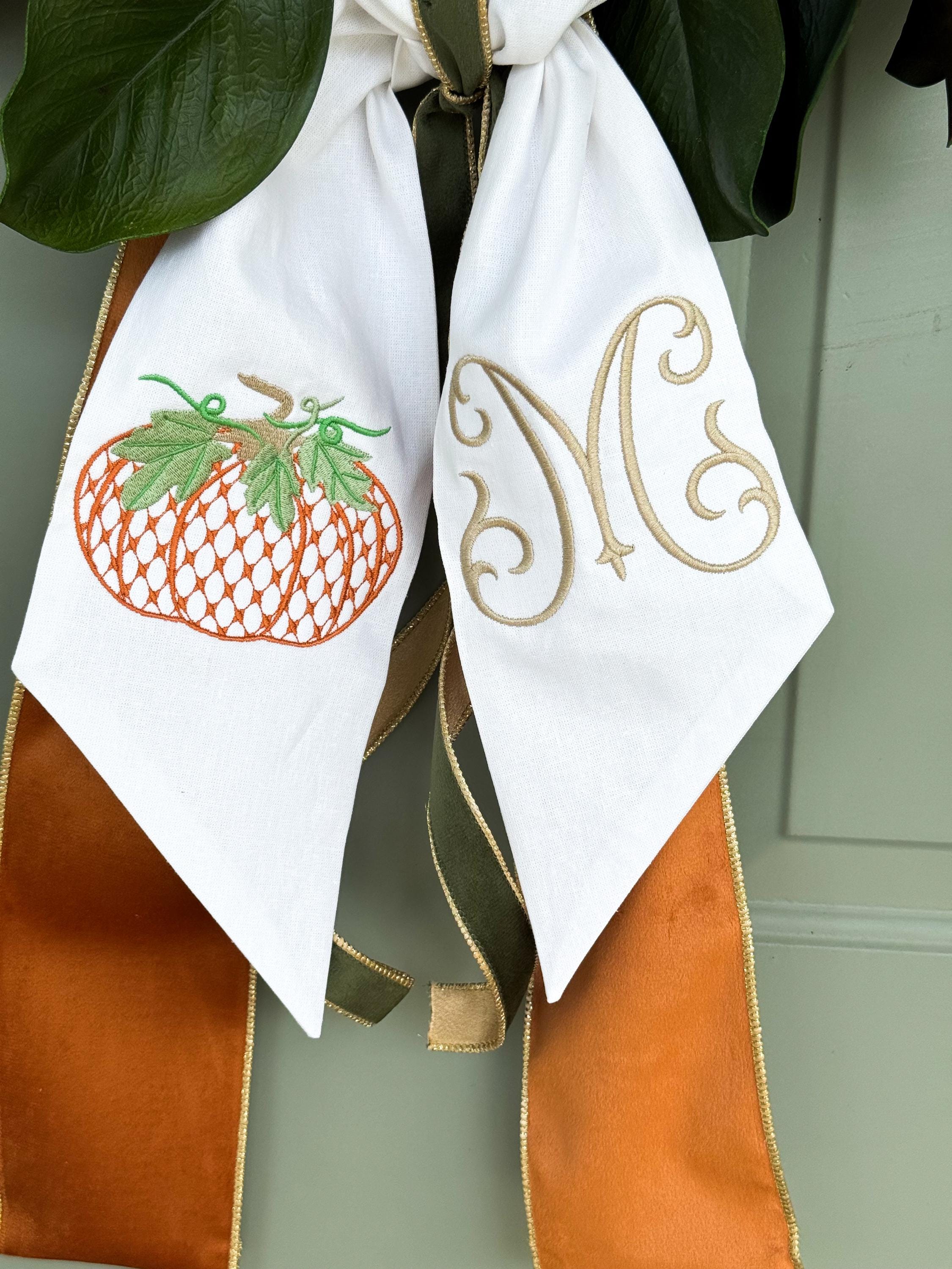 Personalized Pumpkin Wreath Sash: Embroidered Velvet Ribbon, Fall