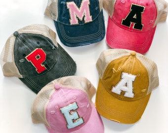 Custom Monogram Distressed Varsity Letter Patch Hat - CC Gameday Hat - Personalized Ball Cap - Women's Distressed Hat