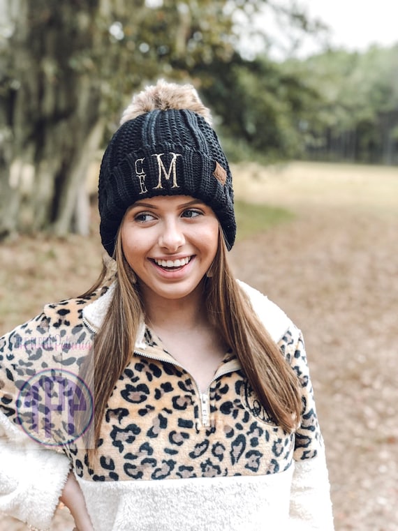 Fur Pom Pom Beanie Knit Hat Monogram 
