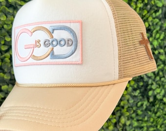 God is Good Embroidered Trucker Hat -- Tan + Camo - Etsy display picture 1
