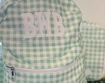 Green Gingham Backpack Lunchbox Set with Monogram - Gingham Check Bookbag - Back to School Set Personalized