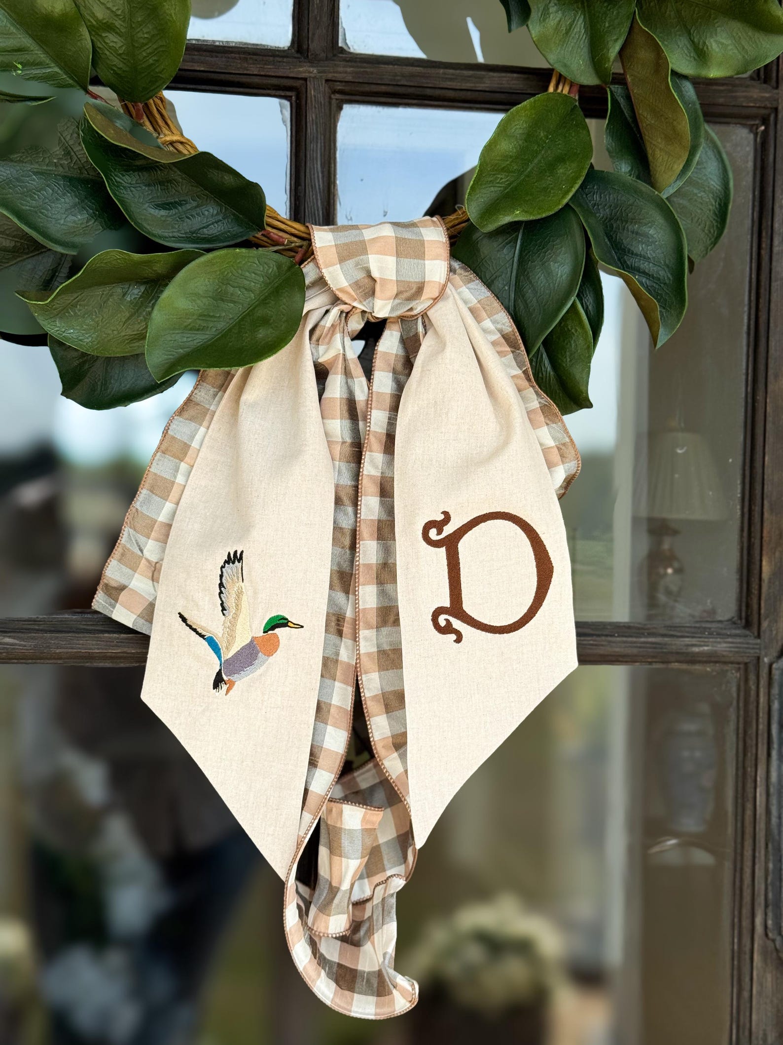 Mallard Duck Wreath Sash - Fall Front Door Decor - Personalized Home Decor - Dupioni Plaid Ribbon - Hunting Decor