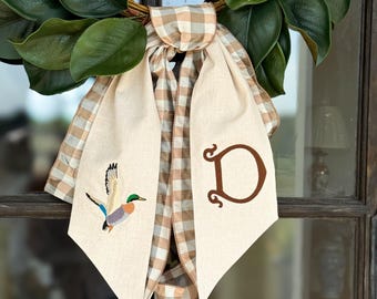 Mallard Duck Wreath Sash - Fall Front Door Decor  - Personalized Home Decor - Dupioni Plaid Ribbon - Hunting Decor