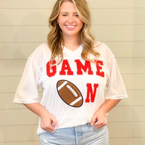 Game On Cutom Jersey Shirt with Football Chenille Varsity Patches - Custom Pick Your Team Colors