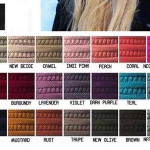 May include: A color chart of 24 different knit beanie colors. The colors include ivory, beige, new beige, camel, indi pink, peach, coral, neon hot pink, candy pink, hot pink, red, burgundy, lavender, violet, dark purple, teal, denim, dark denim, royal blue, navy, mustard, rust, taupe, new olive, brown, natural grey, and light melange grey.