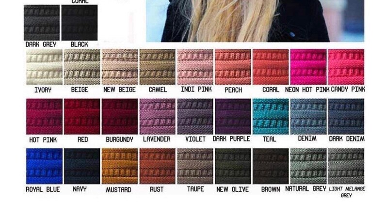 May include: A color chart of 24 different knit beanie colors. The colors include ivory, beige, new beige, camel, indi pink, peach, coral, neon hot pink, candy pink, hot pink, red, burgundy, lavender, violet, dark purple, teal, denim, dark denim, royal blue, navy, mustard, rust, taupe, new olive, brown, natural grey, and light melange grey.