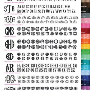 May include: A chart of different embroidery monogram font options with a color chart to the right. The fonts are labeled with names like "Gentleman Monogram", "Atticus Monogram", "Rounded Fishtail Monogram", "Hector Monogram", "Bold Round Monogram", "Two-Initial Circle Monogram", "Times Square Monogram", "Interlocking Monogram", and "Willow Monogram".