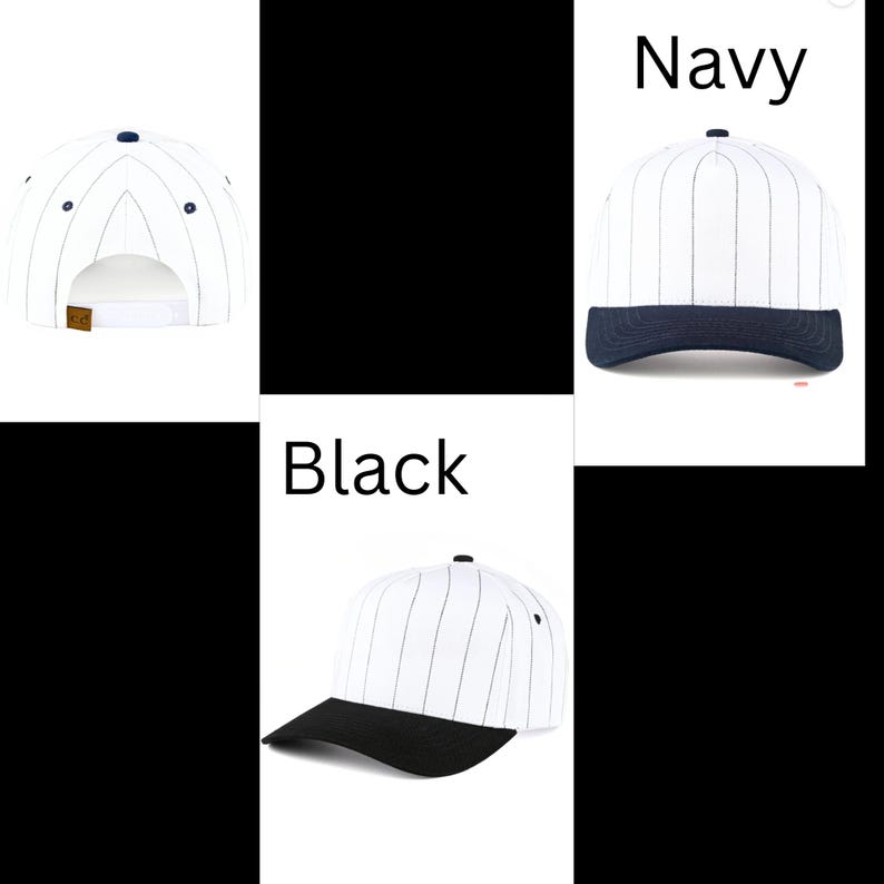May include: White baseball cap with navy blue pinstripes and a navy blue brim. The cap has a curved brim and a button on top. The word "Navy" is written in white text on the image. The word "Black" is written in white text on the image.