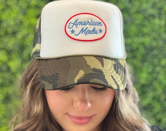 American Made Trucker Hat with Patch - Red White Blue -Trendy Vintage Camo Trucker Hat Unisex Adult Size