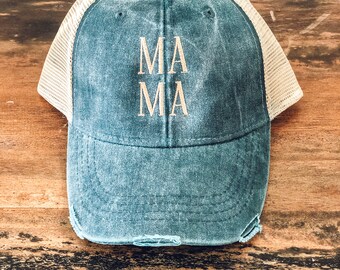 Mama Square Distressed Denim Hat - Hat for Mom - Mom Ball Cap - Gift for Mom - Mothers Gift