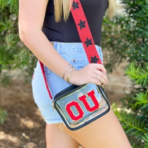 Black Clear Purse With Beaded Guitar Strap and Custom Patches 