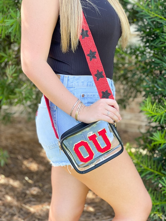 Black Clear Purse With Beaded Guitar Strap and Custom Patches 