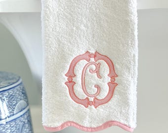 Hand Towel With Piping Trim and Monogram  -  Scallop Bathroom Towel - Personalized Home Decor
