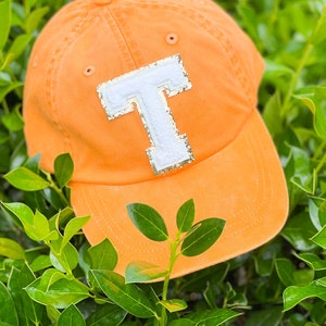 May include: Orange baseball cap with a white felt letter "T" with gold glitter trim.