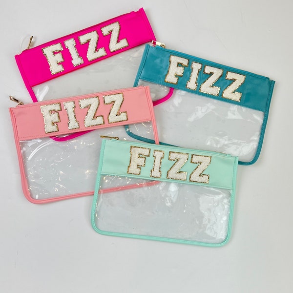 Fizz Bizz Custom Clear Nylon Zipper Pouch with Chenille Letter Patches - Arbonne Travel Zipper Bag