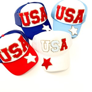USA Glitter Patch Trucker Hat - 4th of July or Memorial Day Patriotic Hat - Red White and Blue Foam Trucker Hat Unisex Adult Size