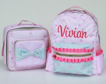 Ruffle Floral and Gingham Backpack with Monogram - Toddler Bookbag or Diaper Bag Set