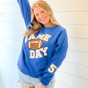 Custom Number Game Day Sweatshirt with Chenille Varsity Patches- Team Number Sweatshirt - Pick Your Team Colors Gameday