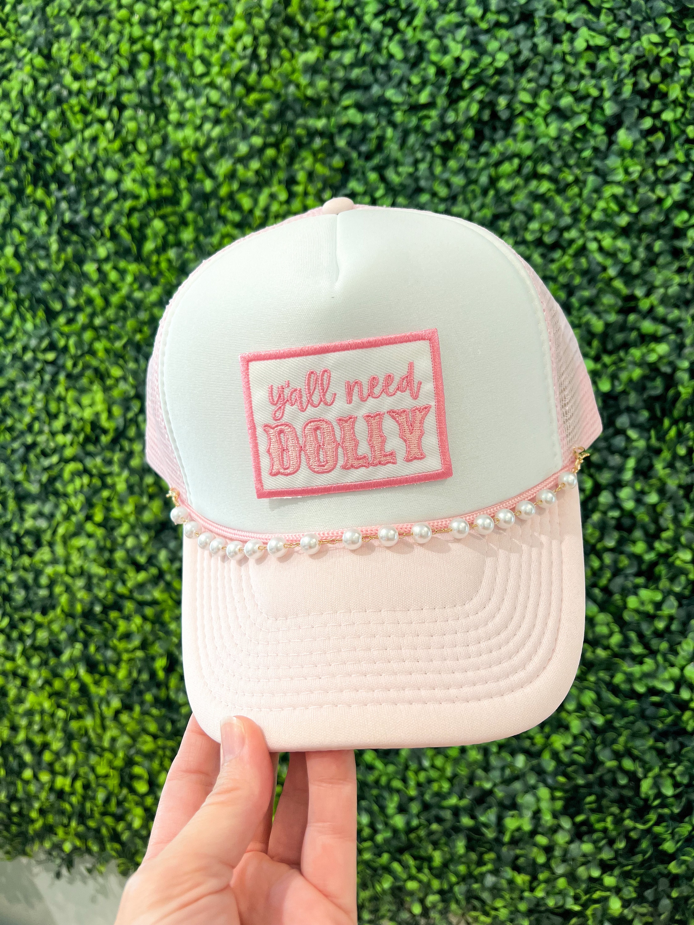 Y’all Need Dolly Trucker Hat with Pearl Chain - Pink or Custom Colors - Foam Vintage Trucker Hat Unisex Adult Size