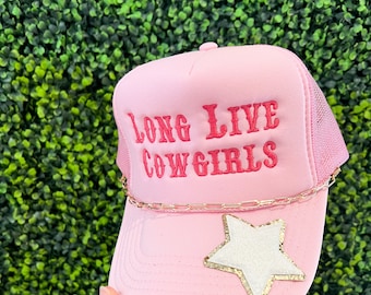 Long Live Cowgirls Pink Trucker Hat with Hat Chain - Foam Vintage Trucker Hat Unisex Adult Size