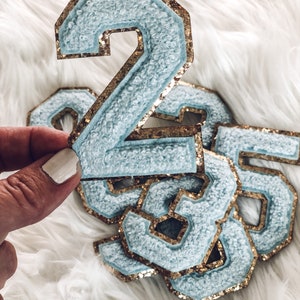 May include: Light blue chenille number patches with gold glitter borders. The number 2 is held up, with other numbers in the background. The patches have a soft, textured appearance, perfect for adding to clothing or accessories.